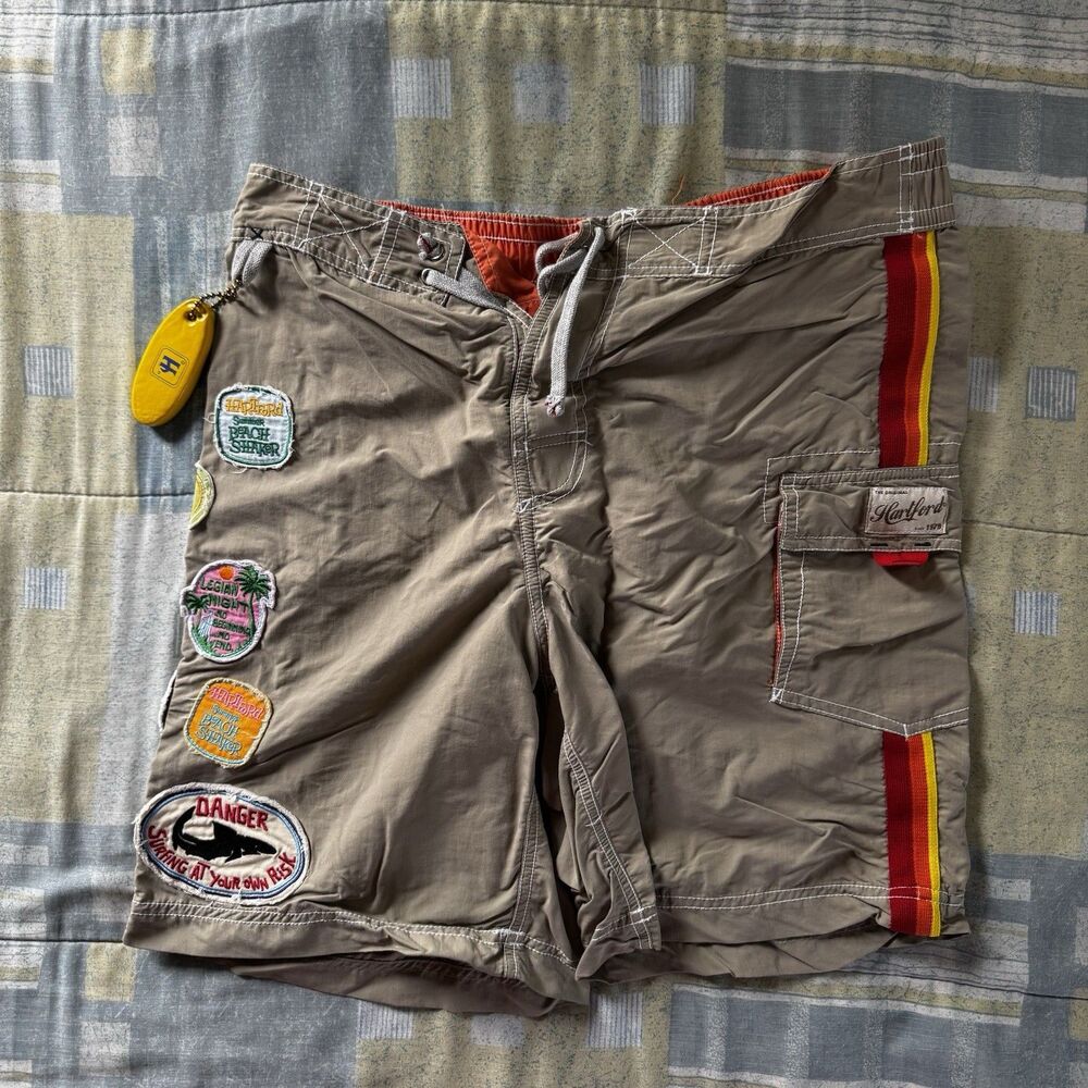 Hartford Tan Floral Swim Striped Shorts Men's Drawstring Pockets Lined Sz L